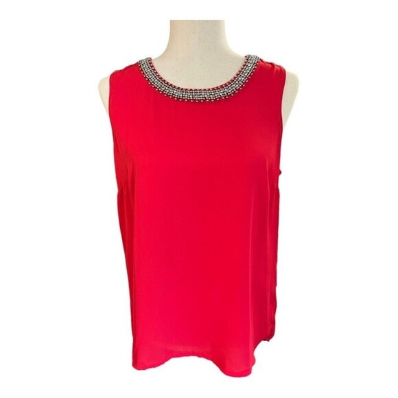 Daniel Rainn Crystal Tank Top~Size Med~Red Flowy Sleeveless Vented Sheer Panel - Picture 1 of 9